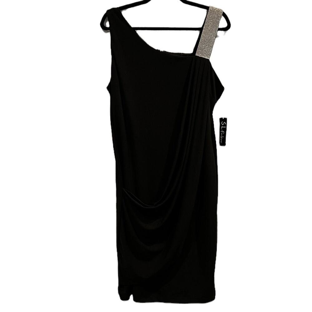 S.L. Fashions Missy 16 Black Beaded Shoulder Draped Cocktail Dress NWT